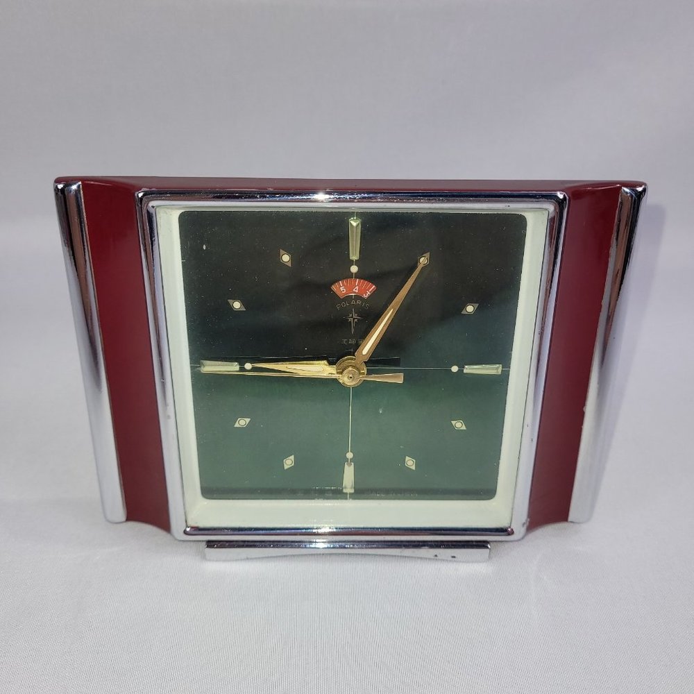 Polaris Vintage Wind-Up 6" Mechanical Alarm Desk Clock Burgundy Silver